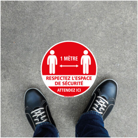 SIGNALETIQUE SOL COVID 19 CORONAVIRUS - ATTENDEZ ICI - RESPECTEZ L'ESPACE DE SECURITE - PREVENTION SANITAIRE - Distance de 2m - Diamètre 250 mm
