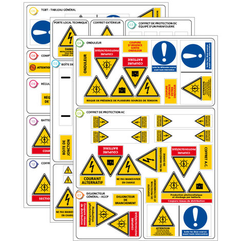 Signaletique.Biz France – Étiquettes photovoltaïques Kit de 65 autocollants C1543 – Dimensions 22,5 cm x 32 cm – Impression encre UV sans solvant – Signalisation conforme CONSUEL