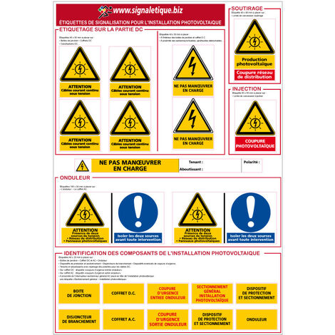 Signaletique.Biz France – Kit de 21 étiquettes photovoltaïques C1228 – Résistantes aux UV – Signalisation conforme CONSUEL – Installation facile sur équipements