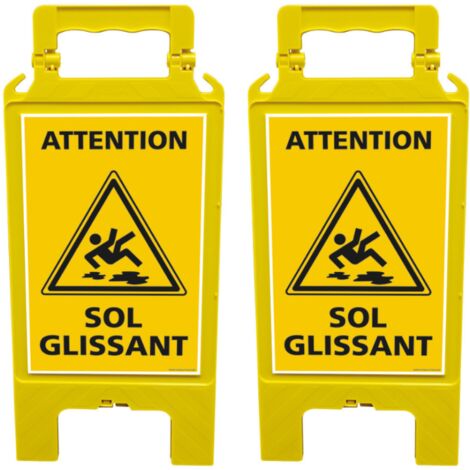 Signaletique.Biz France – Lot de 2 chevalets de signalisation jaune – Pictogramme 'Attention sol glissant' – Dimensions 620x300mm – Polypropylène imperméable
