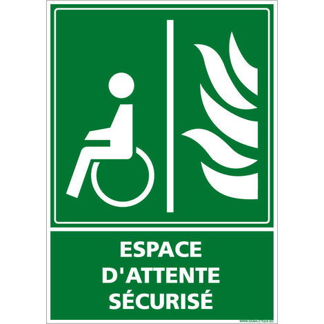 Signaletique.Biz France – Panneau de signalisation Espace d'attente sécurisé PMR ISO 7010 E024 – Adhésif vinyle souple – 75 x 105 mm – Résistant aux intempéries