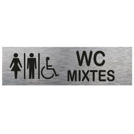Signaletique.Biz France – Pictogramme WC mixtes – Plaque aluminium brossé 170 x 50 mm – Autocollant souple effet alu brossé – Pour toilettes accessibles - Q0099