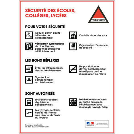 Signalisation Sécurité Ecoles, Collèges & Lycée (VIGIPIRATE3) - Adhésif - 150 x 210 mm