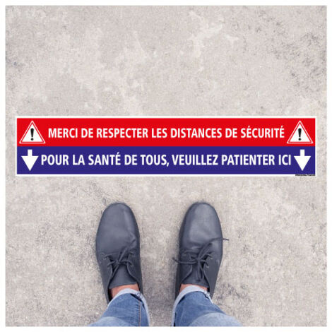 SIGNALISATION SOL COVID CORONAVIRUS . LOT DE 2 BANDES DE SIGNALISATION SOL ADHESIVES . MERCI DE RESPECTER LES DISTANCES DE SECUR