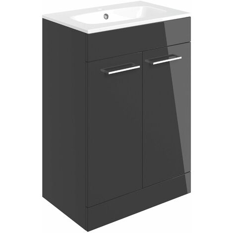 Signature Aalborg Floor Standing 2-Door Vanity Unit with Basin 610mm Wide - Anthracite Gloss