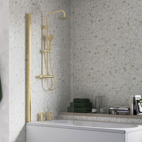 Signature Brushed Brass Profile Single Straight Square Bath Screen 1500mm H x 800mm W - 6mm Glass