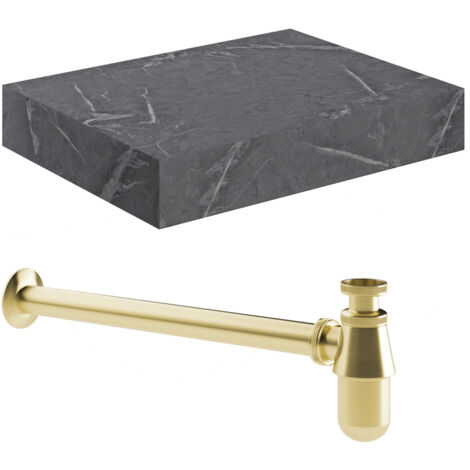 Signature Grove Wall Hung Basin Shelf Brushed Brass Bottle Trap 600mm Wide - Grey Marble