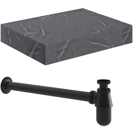 Signature Grove Wall Hung Basin Shelf with Black Bottle Trap 600mm Wide - Grey Marble
