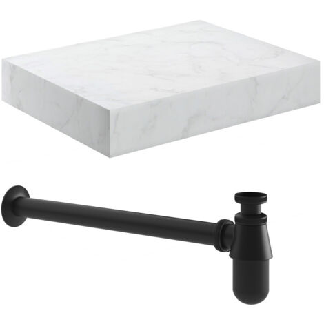 Signature Grove Wall Hung Basin Shelf with Black Bottle Trap 600mm Wide - White Marble