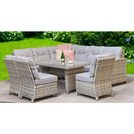 Signature Weave Amy Wicker Corner Sofa Dining Table Set 3 x Chairs Grey Cushions