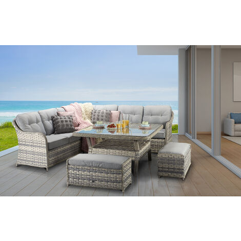 Signature Weave Constance Wicker Large Corner Sofa Dining Table Set Benches Grey
