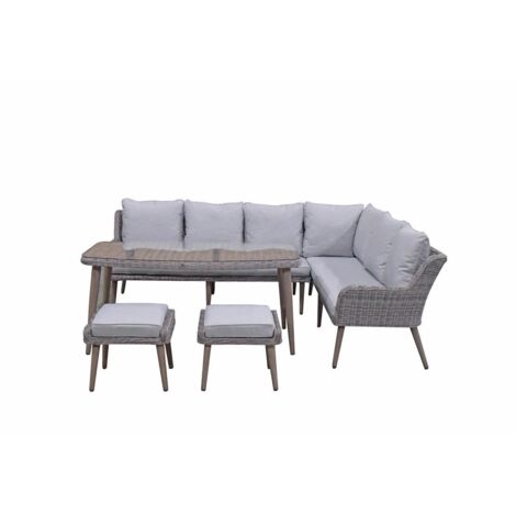 Signature Weave Danielle Wicker Corner Sofa Dining Table Set Stools Cushion Grey