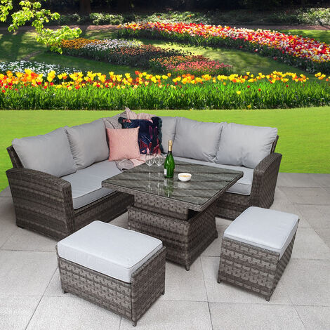 Signature Weave Georgia Wicker Corner Sofa Lift Dining Table + 2x Ottomans Grey
