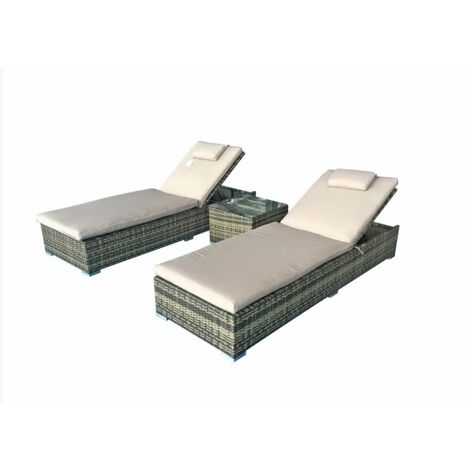 Signature Weave Jessica Wicker 2 x Sun Lounger Chair &Side Drinks Table Brown