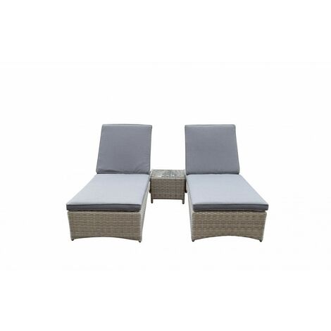 Signature Weave Meghan Wicker 2 x Sun Lounger Bed Chair Set & Drinks Table Grey