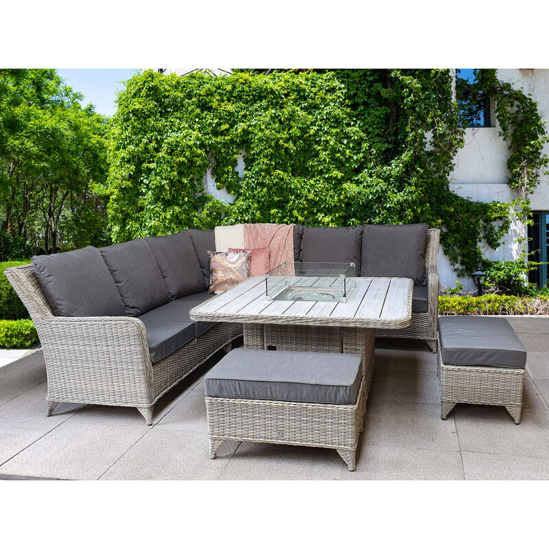 Meghan Wicker Corner Sofa Bench Dining Table With Gas Fire Pit - Signature Weave