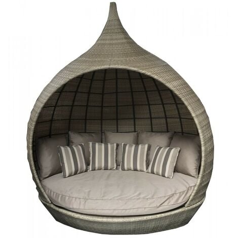 Signature Weave Pearl Wicker Round Garden Day Bed Sun Lounger Roof Shade Brown