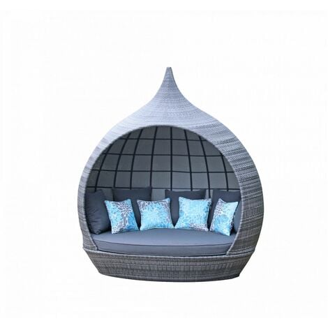 Signature Weave Pearl Wicker Round Garden Day Bed Sun Lounger Roof Shade Grey