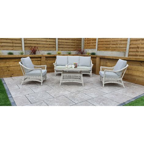 Signature Weave Rose Wicker 5 Seater Sofa Arm Chair Coffee Table Set White