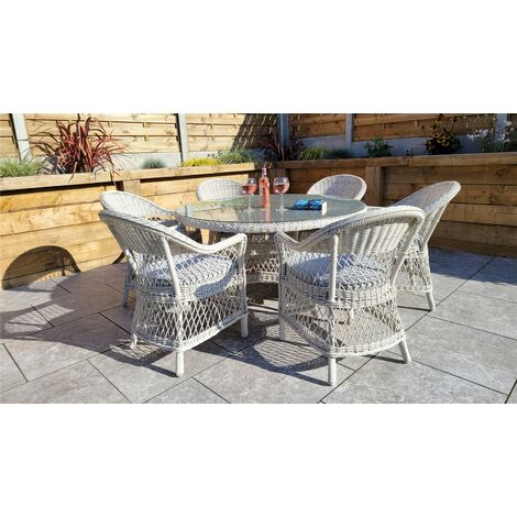 Signature Weave Rose Wicker 6 Seater Round Dining Table Arm Chair Set White