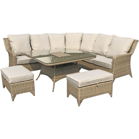 Signature Weave Sarah Wicker Corner Sofa Dining Table Bench Ice Bucket Set Beige