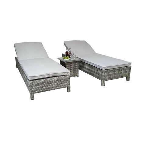 Signature Weave Sarena Wicker 2x Sun Lounger Bed Chair & Side Drinks Table Grey