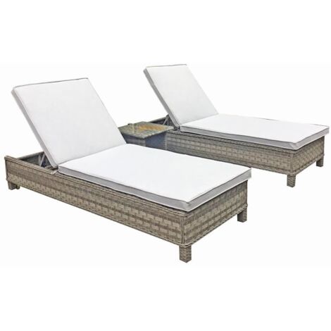 Signature Weave Sarena Wicker 2x Sun Lounger Bed Chair &Side Table Grey Victoria