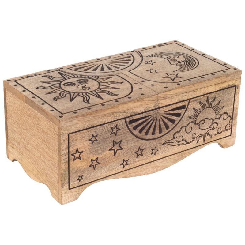 Boîte décorative en bois Soleil et Lune pour la maison, idéale pour les cadeaux, style ethnique, rustique et mystique. Boîte décorative en bois Soleil et Lune pour la maison, idéale pour les cadeaux, style ethnique, rustique et mystique.