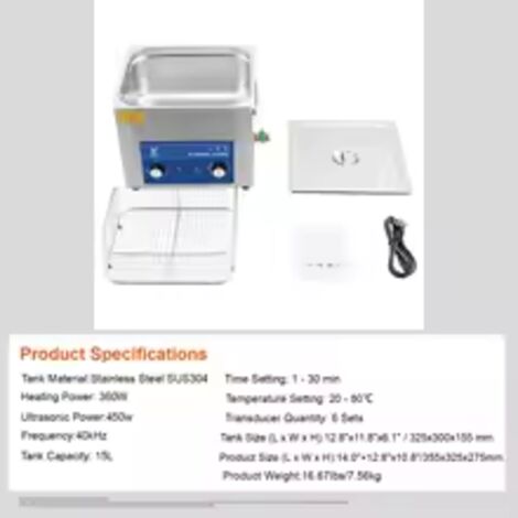 SIHAO 15L 40KHZ Nettoyeur à ultrasons avec chronomètre de chauffage pour bijoux Nettoyage Bouton Contrôle Bagues de lunettes Dentures Instruments de musique bleu