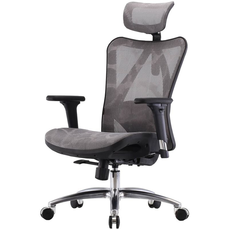 HHG - jamais utilisé] sihoo chaise de bureau ergonomique, accoudoirs réglables, charge max. 150kg revêtement gris, piétement noir - grey