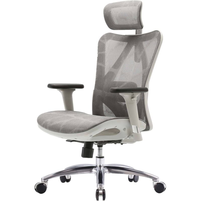 SIHOO chaise de bureau ergonomique charge max. 150kg, revêtement gris, piétement blanc