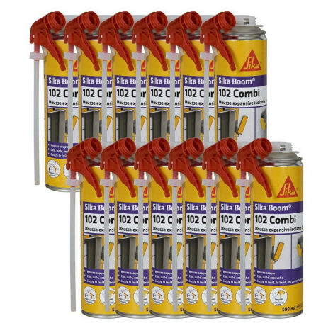 Sika – Lot de 12 mousses polyuréthanes expansives 500ml – Isolation phonique et thermique – Adhère à béton, bois, plâtre – Application avec buse ou pistolet
