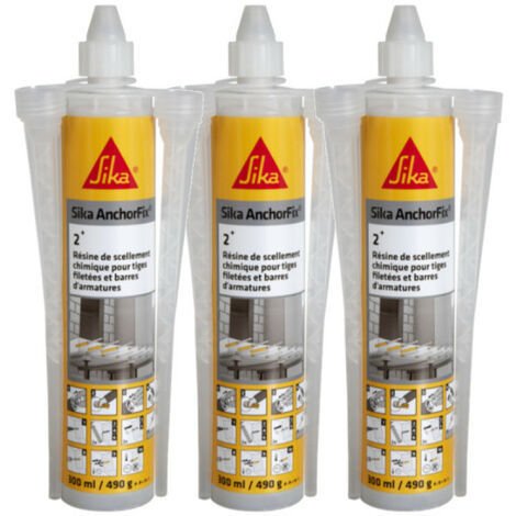 Sika – Lot de 3 résines de scellement chimique – Bicomposant à durcissement rapide – Pour béton armé et maçonnerie – Coloris gris clair – 300 ml
