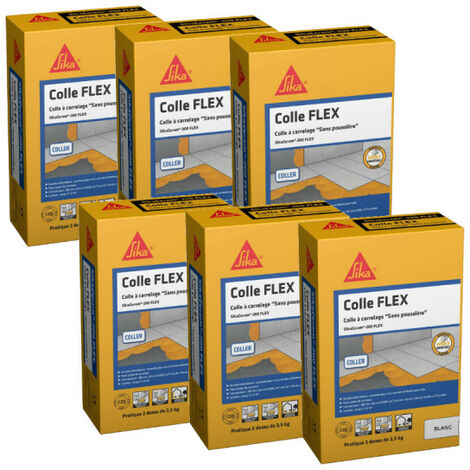 Sika – Lot de 6 colles à carrelage 2,5 kg – Colle flexible pour carrelage intérieur et extérieur – Faible émission de poussière – Blanc