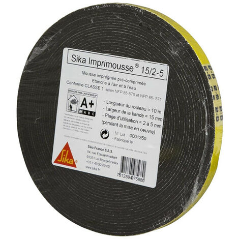 Sika – Mousse polyuréthanne pré-comprimée Imprimousse 15x2-5mm – Étanchéité air/eau – Isolation phonique/thermique – Résistance UV – Longueur 10m