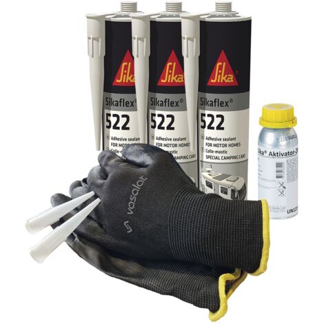 Sika Sikaflex 522 STP Kleber - Wohnwagen Dichtmasse mit Aktivator 205 - ideal zum Abdichten von Alu, Stahl & Kunststoff, 3x 300ml weiß mit 5 Düsenspitzen + Aktivator