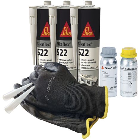 Sika Sikaflex 522 STP Kleber - Wohnwagen Dichtmasse mit Primer 210 + Aktivator 205 - ideal zum Abdichten von Buntmetallen, 3x 300ml weiß mit 5 Düsenspitzen + Aktivator und Primer
