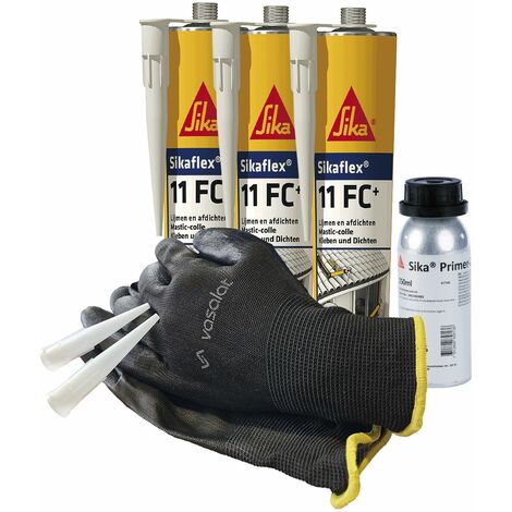 Sikaflex 11 FC schwarz 3x 300ml mit Primer 207 und 5x Düsenspitzen - ideal für die Verklebung von Aluminium und Stahl