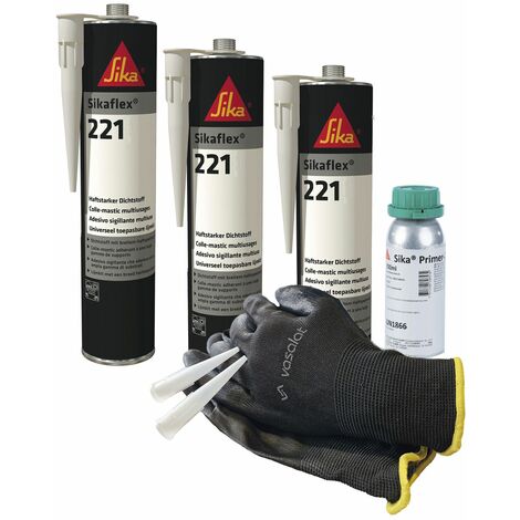 Sikaflex 221 schwarz 3x 300ml Kleb- und Dichtstoff mit Primer 209D - ideal zur Abdichtung von Kunststoff mit 5 Düsenspitzen