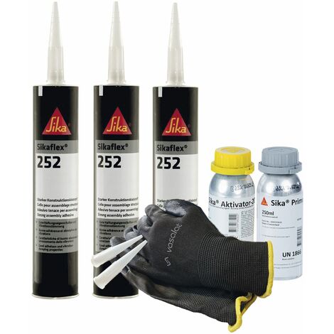 Sikaflex 252 schwarz 3x 300ml Klebstoff mit Aktivator 205 und Primer 210 - zur Verklebung von Buntmetall mit 5 Düsenspitzen
