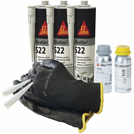Sikaflex 522 Caravan schwarz 3x 300ml mit Aktivator 205, Primer 210 und 5x Düsenspitzen - ideal zur Abdichtung von Buntmetallen