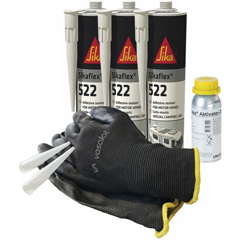 Sikaflex 522 Caravan schwarz 3x 300ml mit Aktivator 205 und 5x Düsenspitzen ideal zur Abdichtung von Aluminium, Stahl und Kunststoff