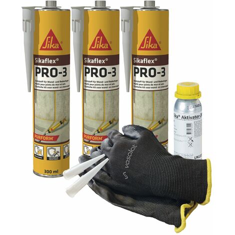 Sikaflex PRO-3 betongrau 3x 300ml Dichtstoff für Fugen - mit Aktivator 205 zur Abdichtung von Aluminium und Stahl mit 5 Düsenspitzen