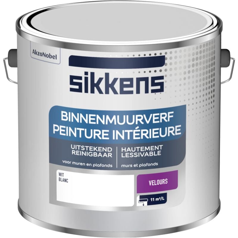 Peinture Intérieure Murs et Plafonds - Finition lisse, facile à appliquer, masque les taches - Velours Blanc 2,5 l - Sikkens
