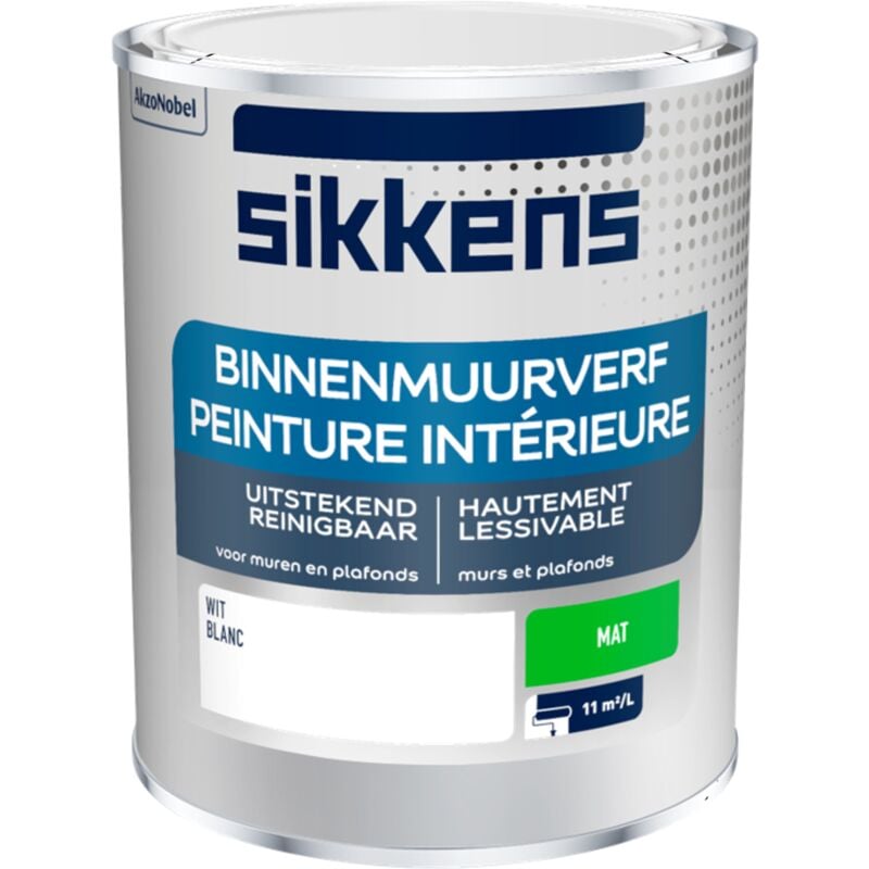 Peinture Intérieure Murs et Plafonds - Finition lisse, facile à appliquer, masque les taches - Mat Blanc 1 l - Sikkens