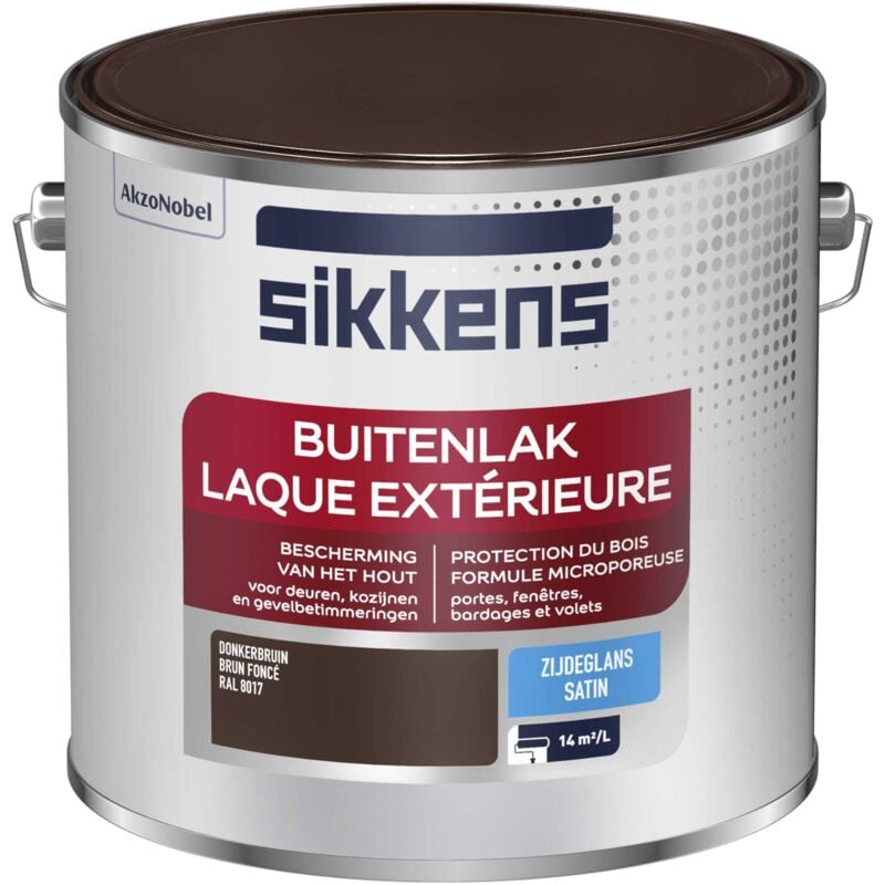 Peinture Laque Extérieure Bois et Fer - Finition tendue, sous-couche intégrée, facile à appliquer - Satin Brun Foncé 2,5 l - Sikkens