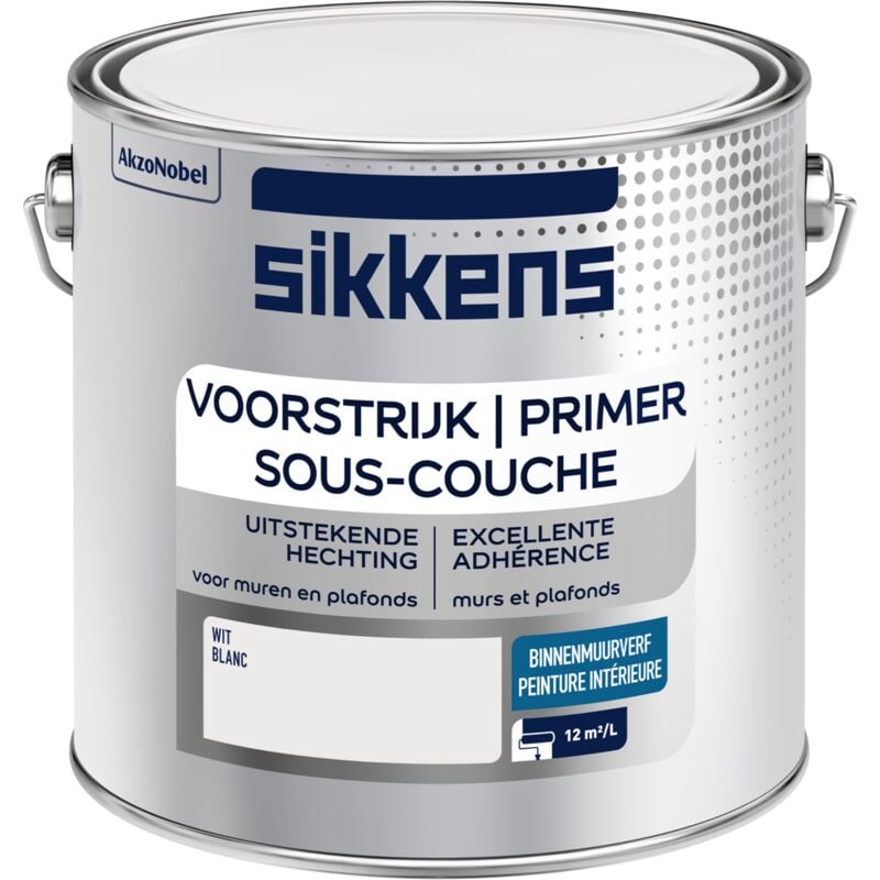 Sikkens - Peinture Sous-couche Intérieure Murs et Plafonds - Adhérence optimale, uniformise les fonds, finition lisse - Mat Blanc 2,5 l