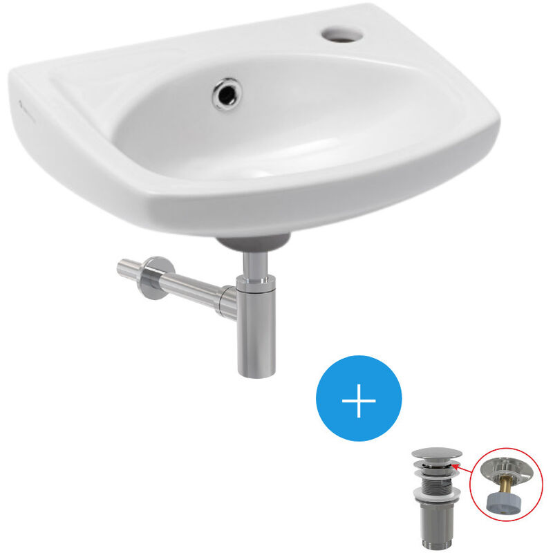 Wall-hung basin set with tap hole, overflow, 35x28cm + pop-up waste + washbasin siphon (EUR913-SET2) - Siko