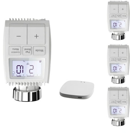 Silamp – Lot de 4 têtes thermostatiques connectées ZigBee avec écran LCD – Contrôle de température intelligent – Modes auto, manuel, antigel