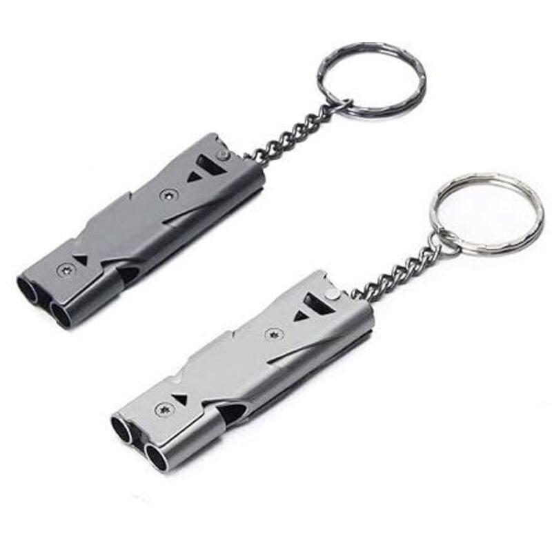 Silbato de emergencia de doble tubo, paquete de 2, señal de supervivencia al aire libre de alto decibelio para mayor seguridad, llavero de ahorro